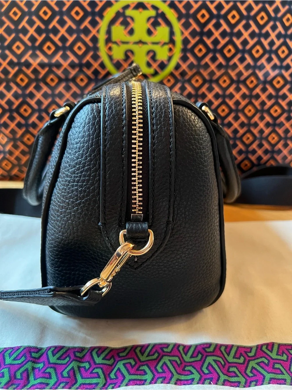 Tory Burch Black Pebbled Leather Satchel Crossbody & Continental Wallet Set